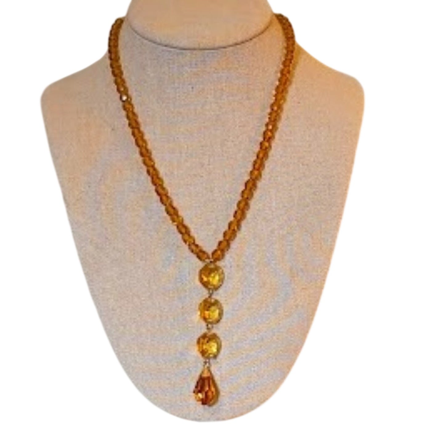 Lauffer Gold Tone Amber Color Crystal Bead Necklace with Faceted Teardrop Dangle