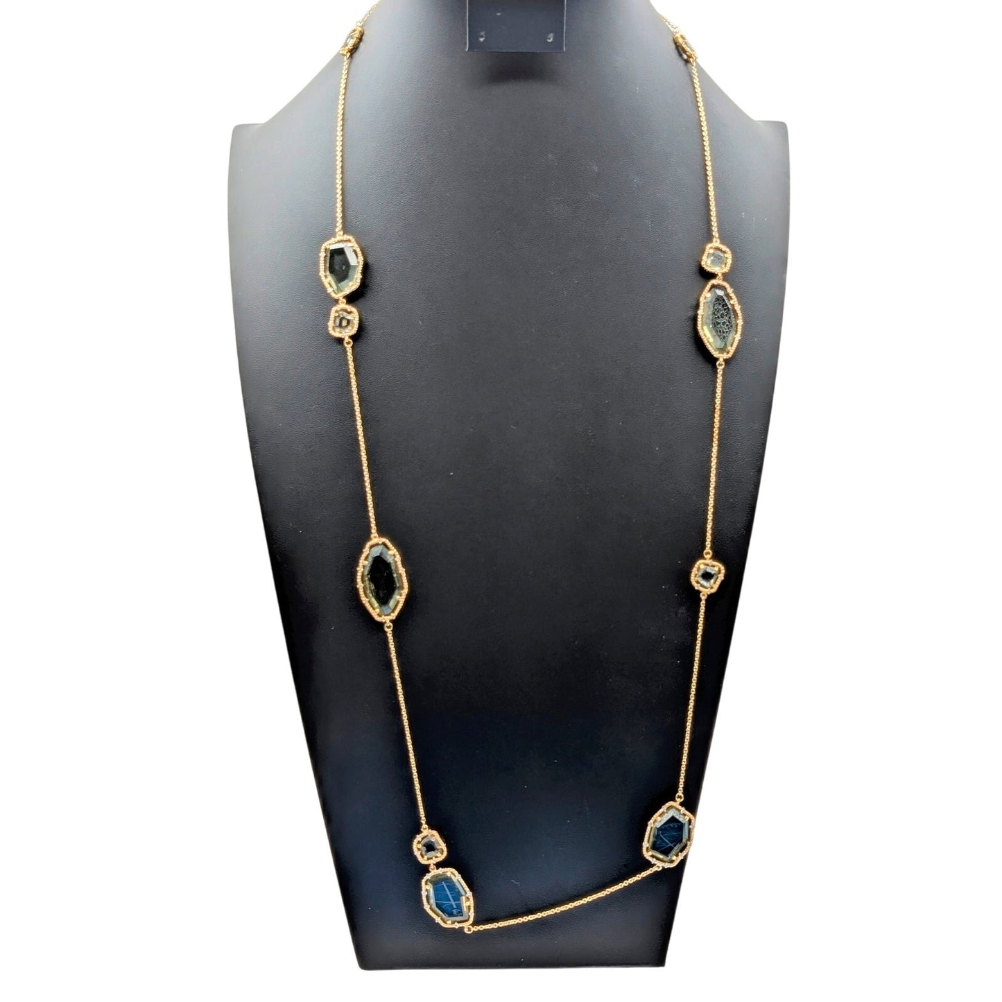 Hand-Crafted Abstract Blue Green Glass Crystal & CZ Gold Plated Chain Necklace