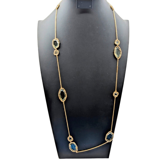 Hand-Crafted Abstract Blue Green Glass Crystal & CZ Gold Plated Chain Necklace