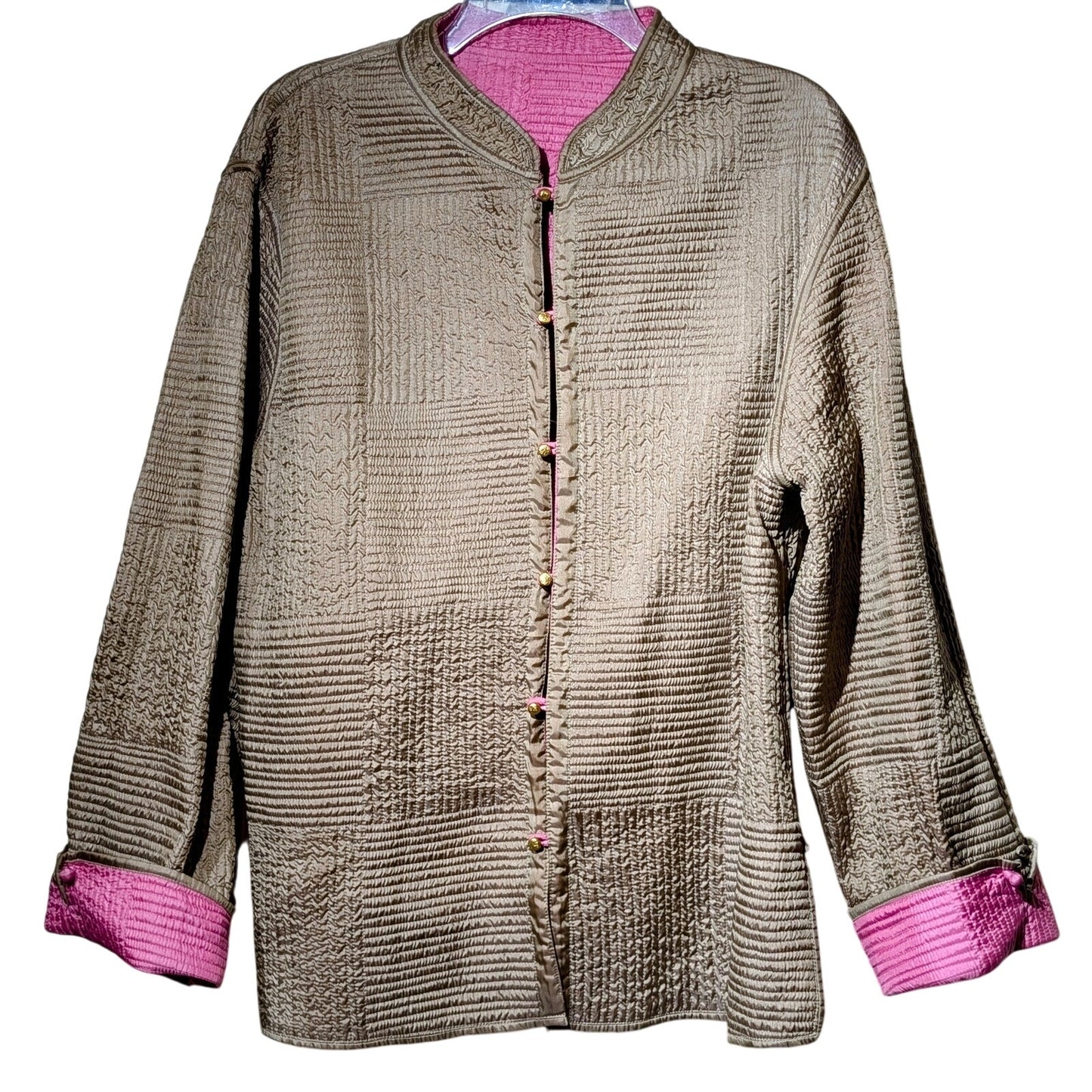 SAM HILU Tan & Pink Reversible Lightweight Quilted Jacket 100% Silk Womens Sz M