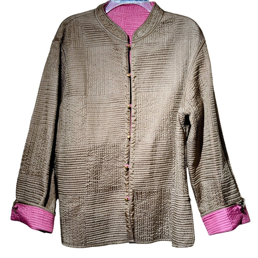 SAM HILU Tan & Pink Reversible Lightweight Quilted Jacket 100% Silk Womens Sz M