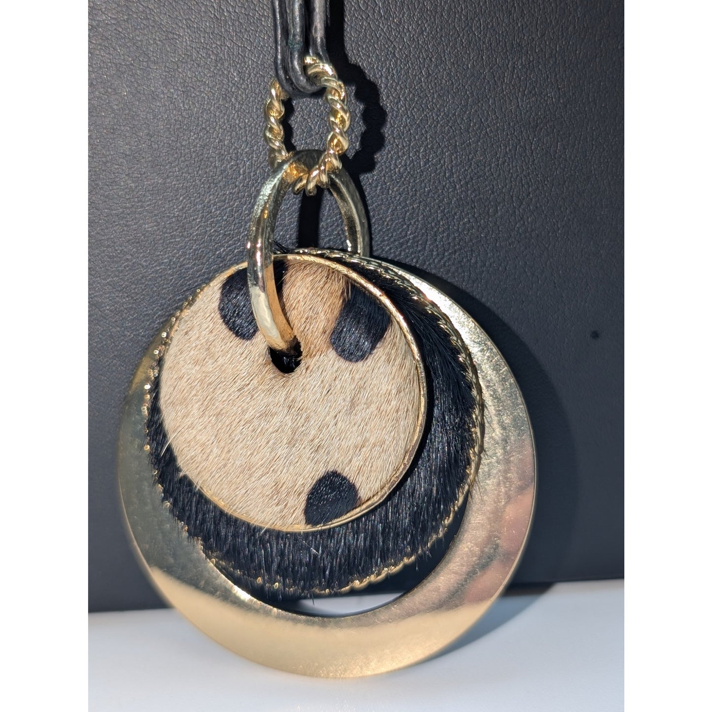 Chico's Black Adjustable Corded Gold Tone Animal Fur Pendant Necklace & Earrings