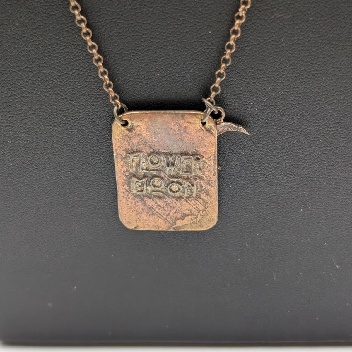Rustic Antiqued Copper Look Flower Moon May Pendant Chain Long Necklace