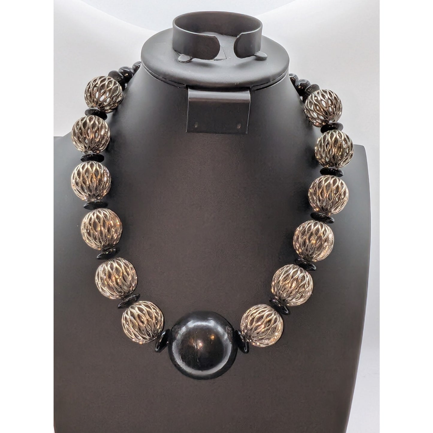Chunky Heavy Blackened Silver Tone Black Ball Caged Bead Hook Clasp 22" Necklace