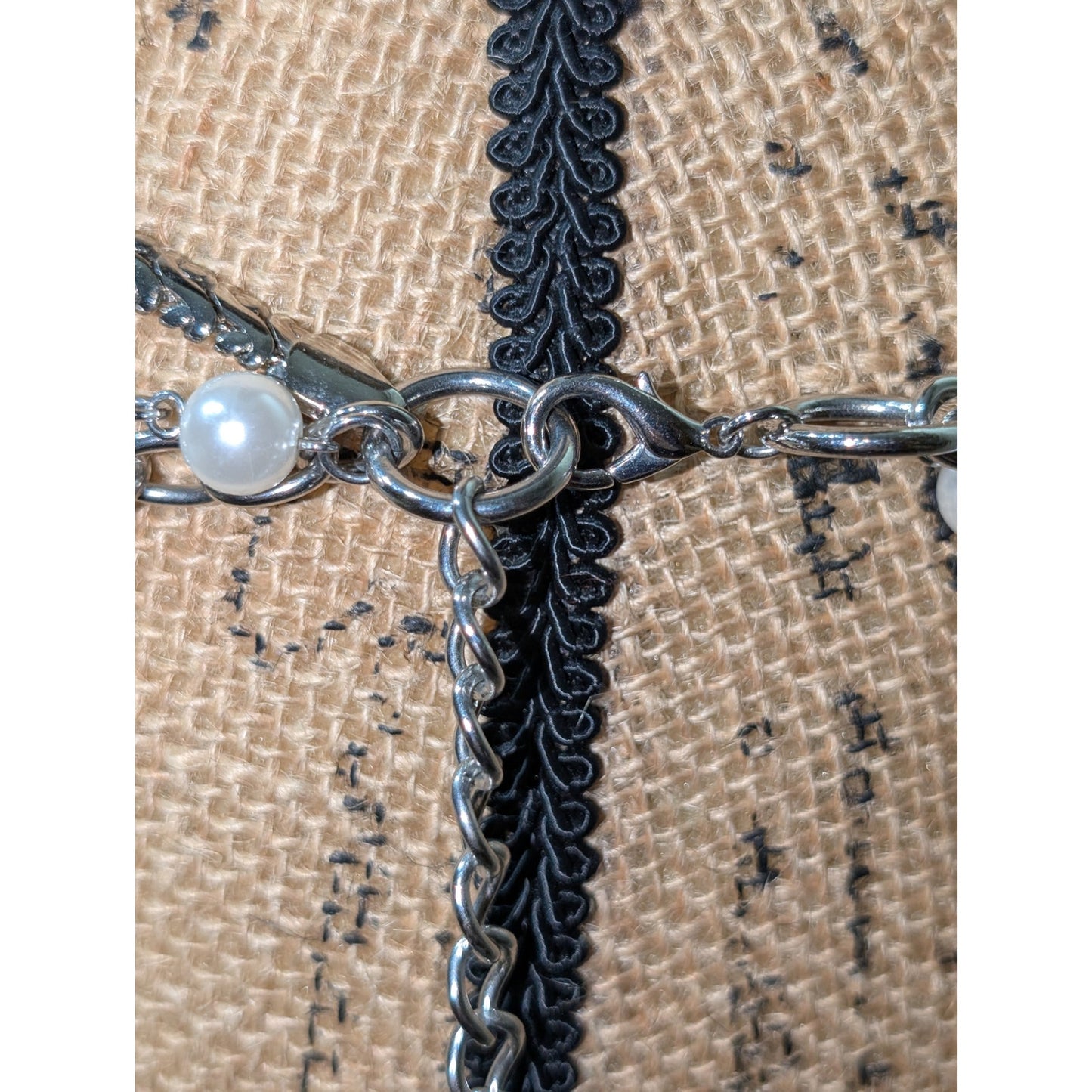 Vintage Silver Tone Three Strand Faux Pearl & Chain Link Belt 34"-45"