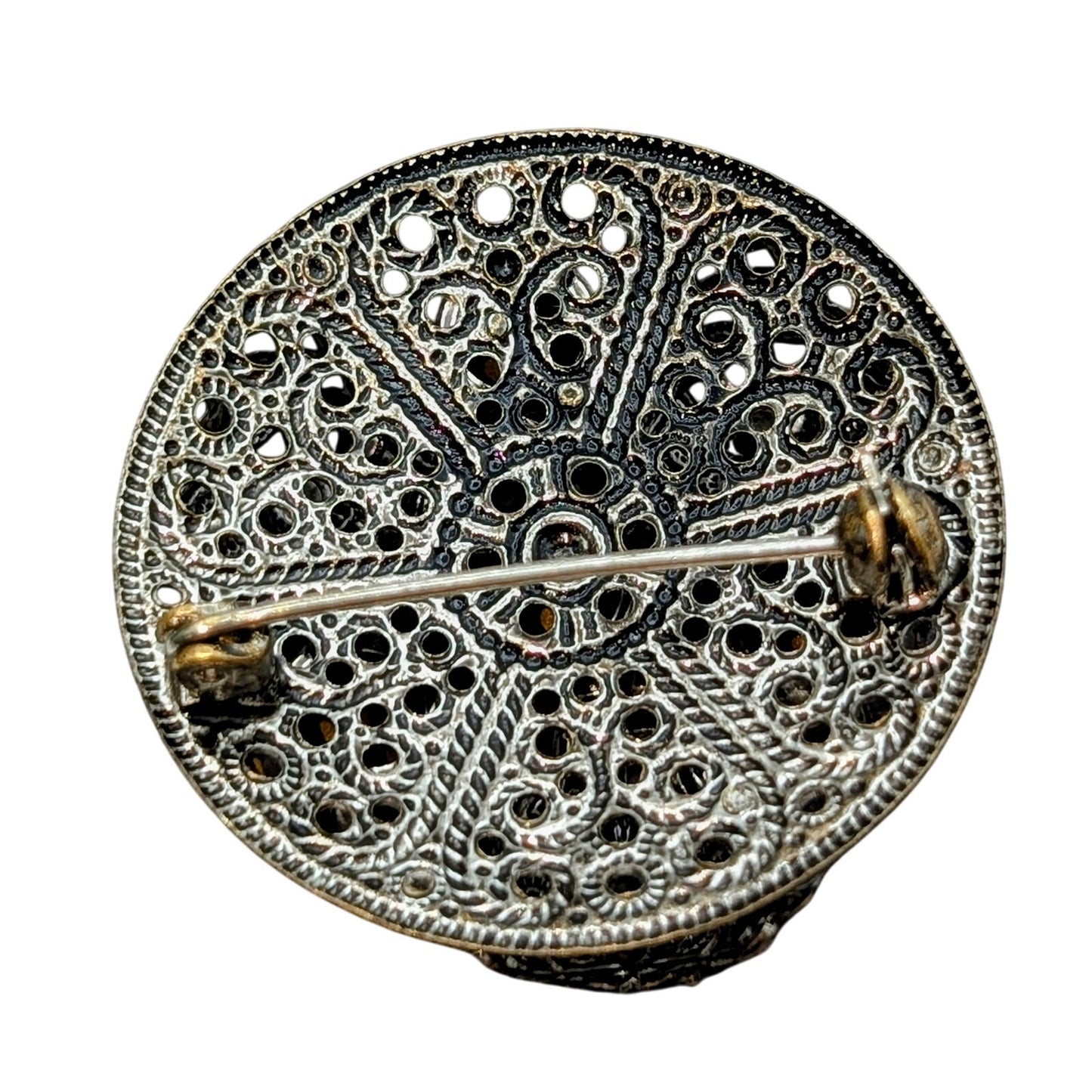 Vintage Citrine & Brown Czech Glass Silver Tone Filigree Brooch