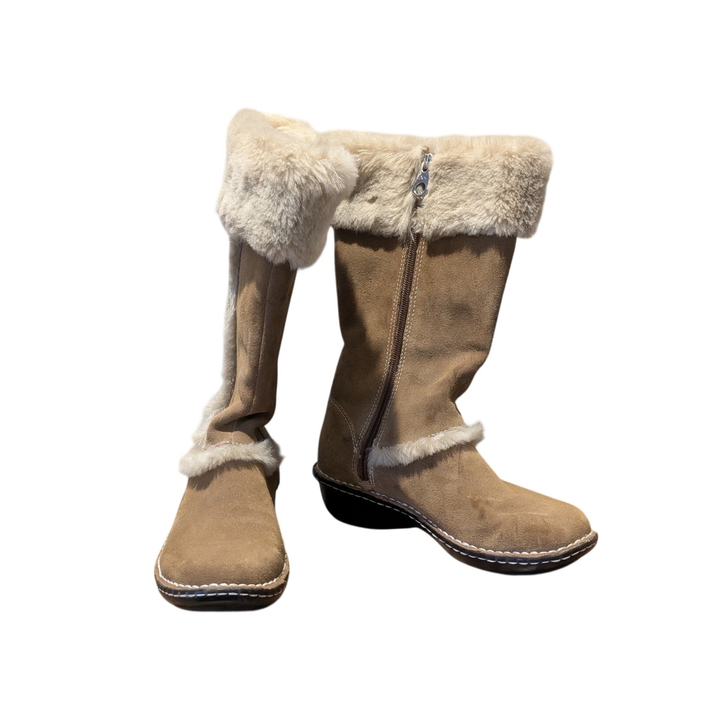 Anne Klein Akkanga Natural Tan Fur Trim Side Zip Boots Womens Size 7.5M