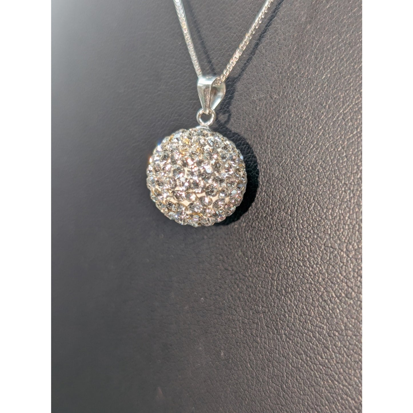 925 Sterling Austrian Crystal Snowball Disco Ball Pendant Box Chain 18" Necklace