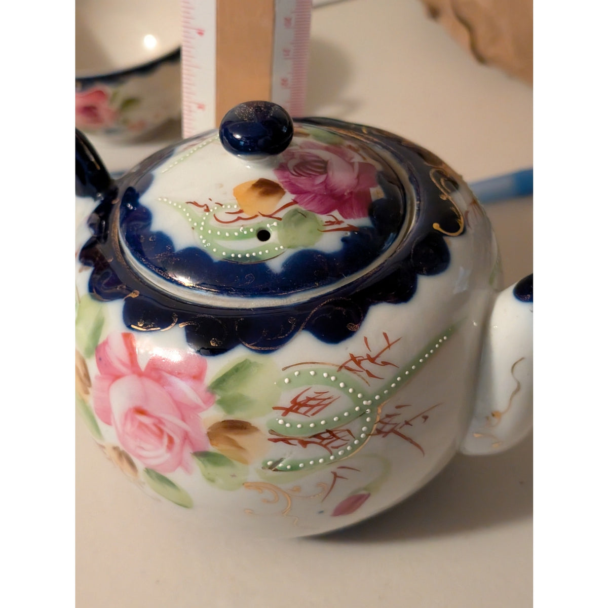 Vintage Nippon Cobalt Blue Cabbage Rose Teapot Two Cups and Two Saucers