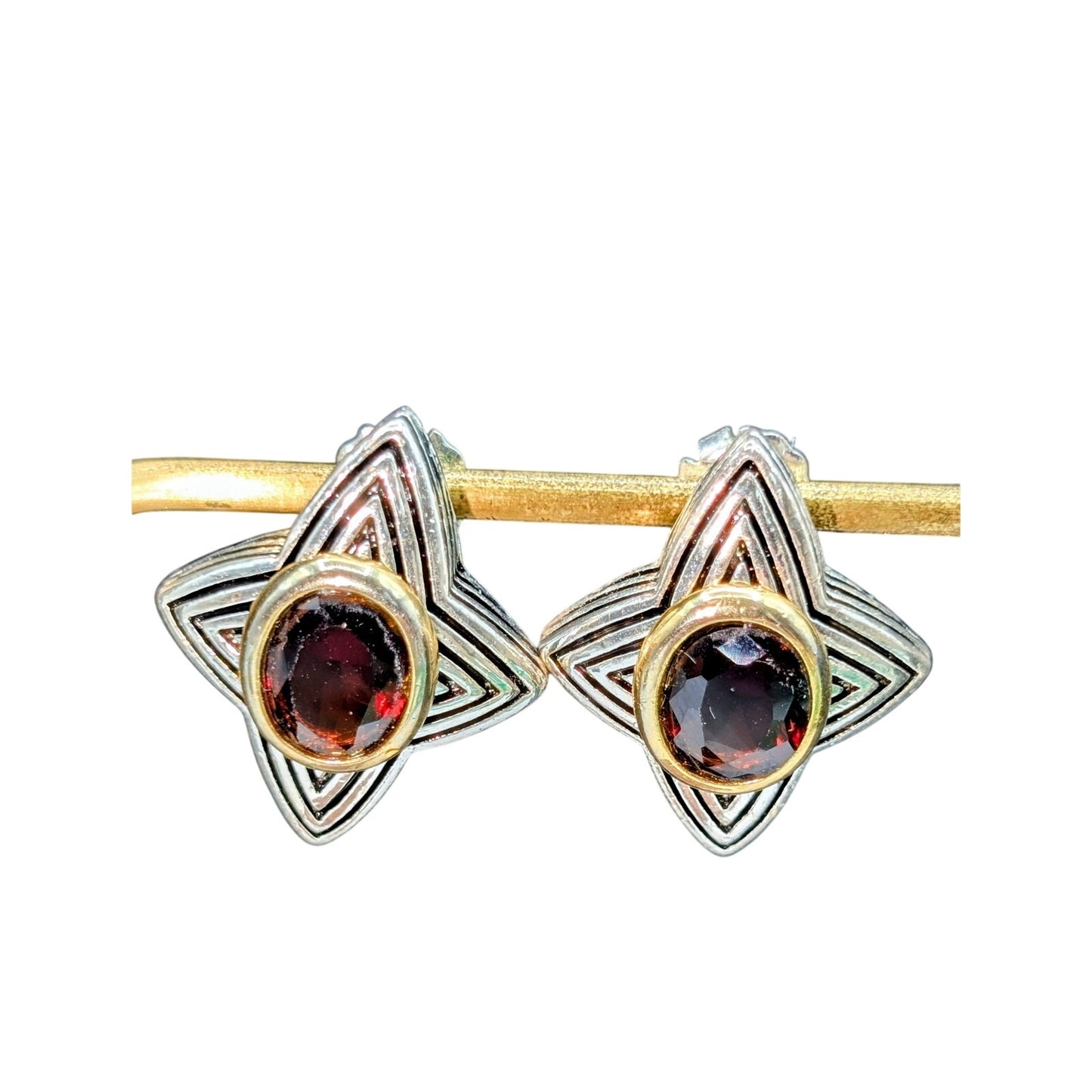 Vintage Avon Two Tone Faceted Reddish Brown Glass Center Stone Earrings
