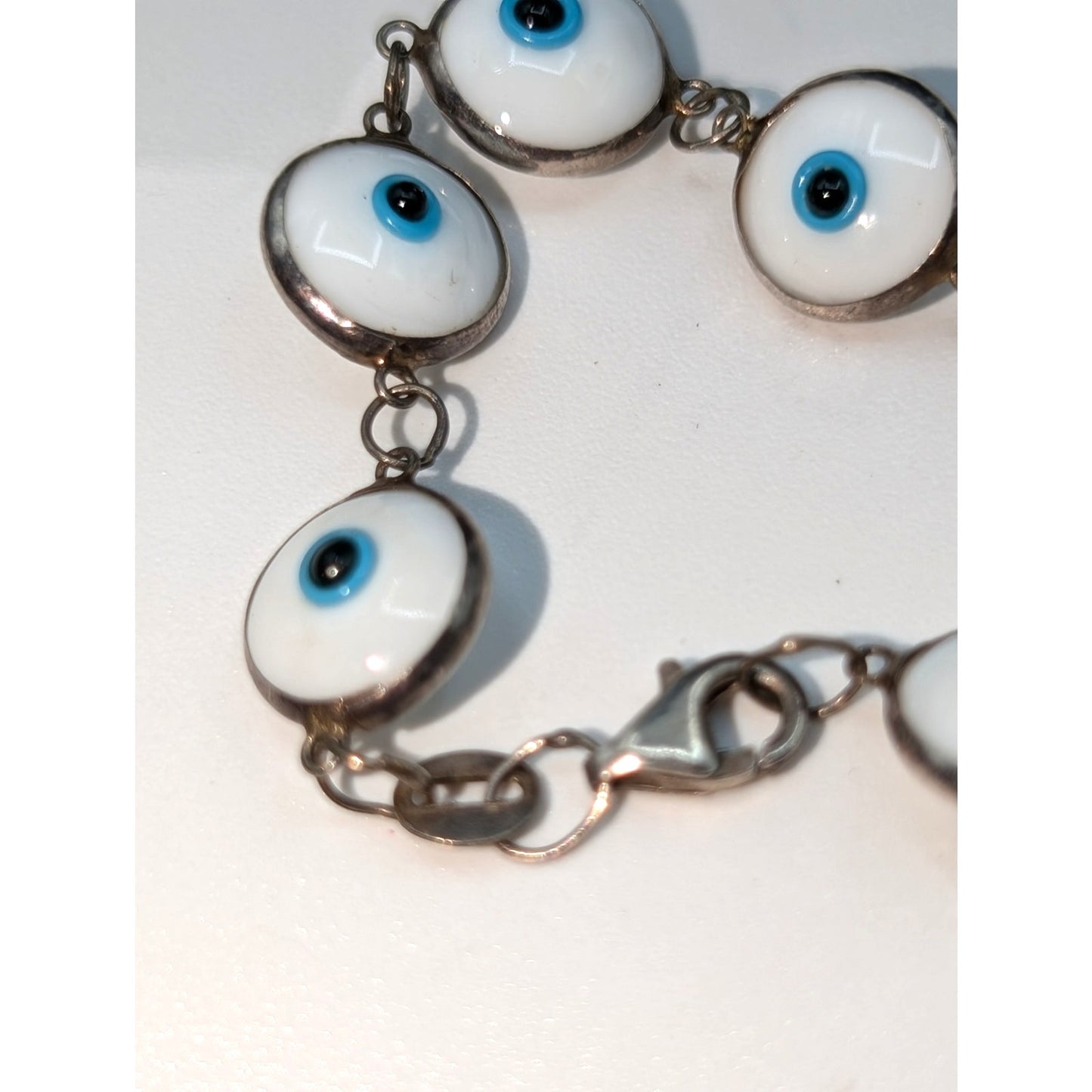 Vintage 925 Sterling Silver Bezel Set White Glass Eye Bead Chain Bracelet