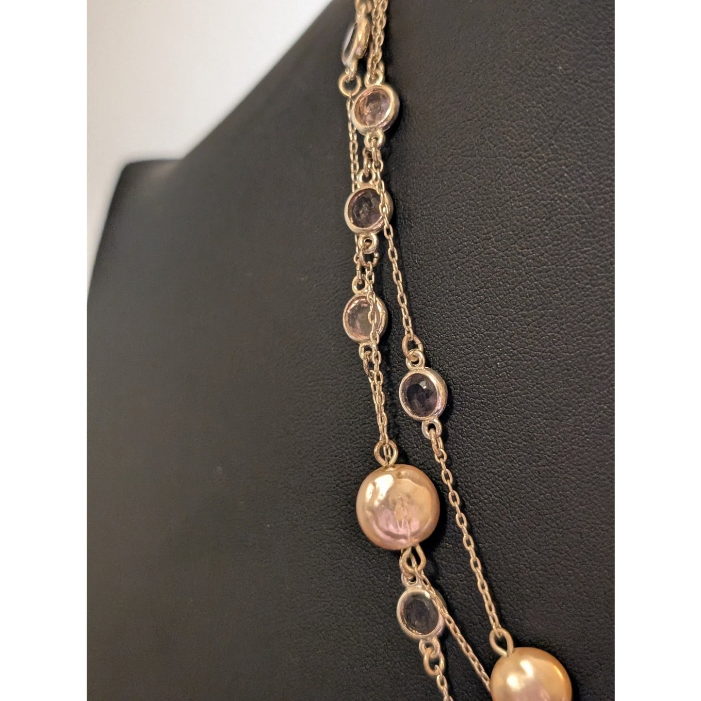 Silver Tone Pink Faux Pearl Pink Crystal Three Strand 16.5"-18.5" Necklace