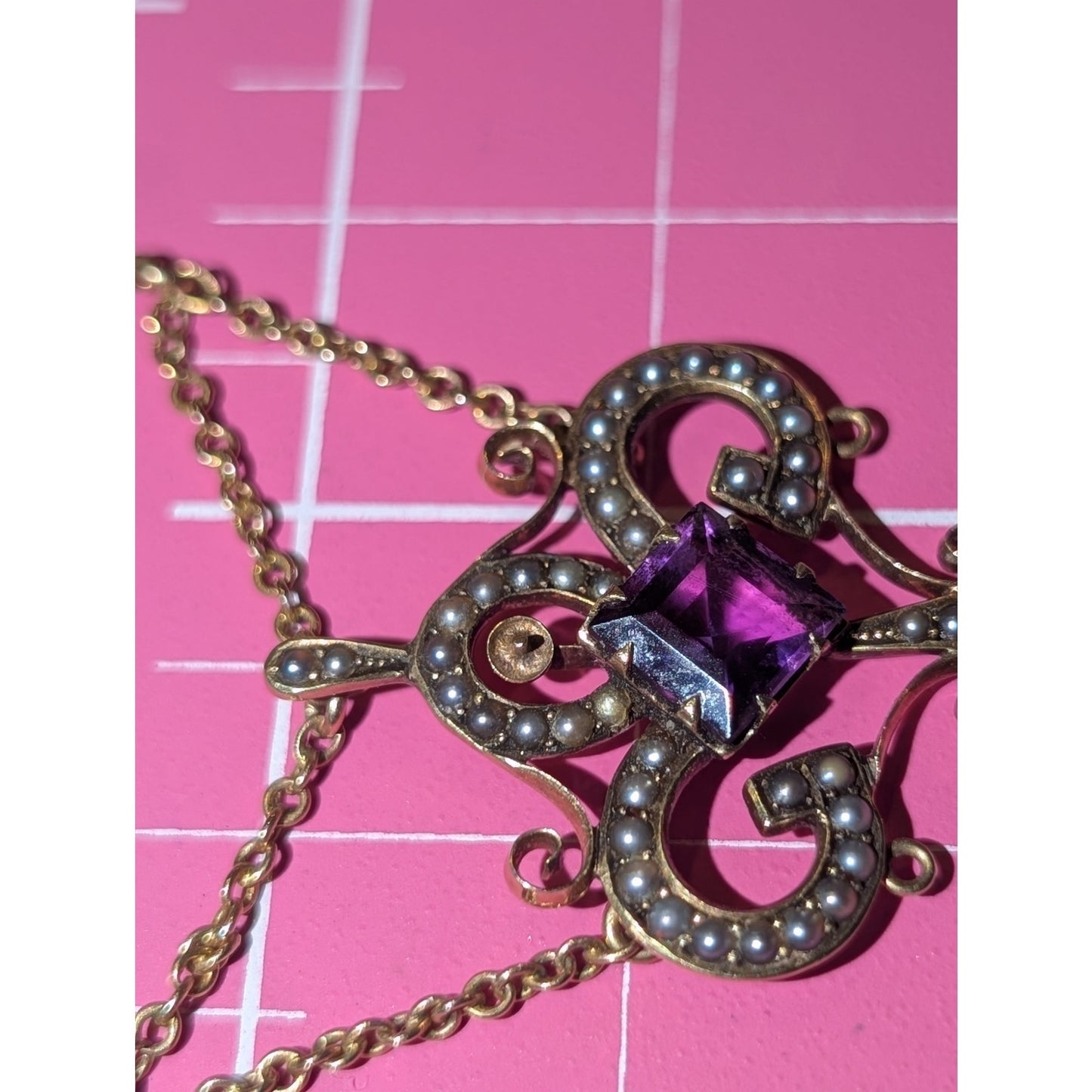 Antique 14k Yellow Gold Art Nouveau Amethyst Seed Pearl Festoon 15.5" Necklace