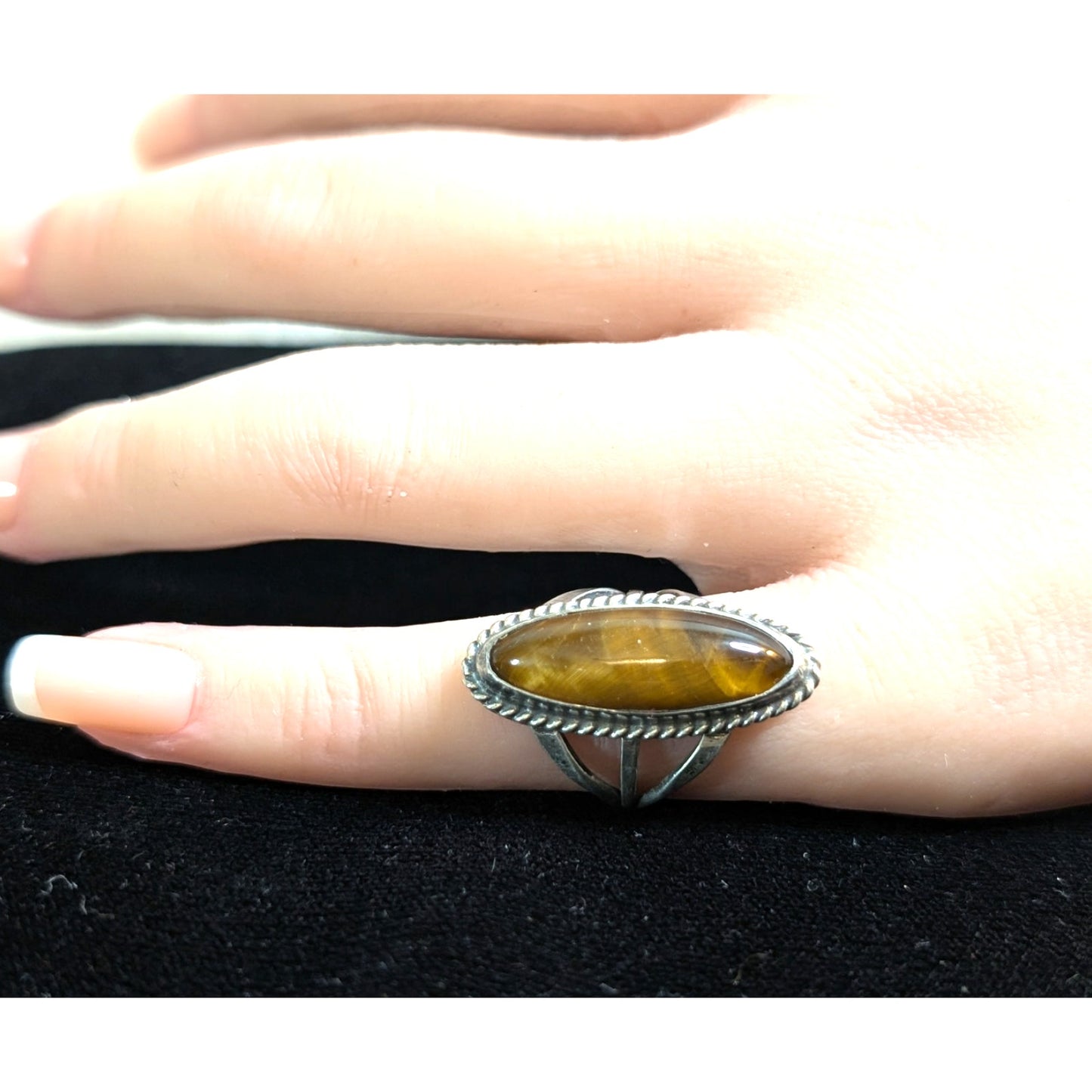 Vintage Sterling Silver Tiger's Eye Long Oval Native American Ring Size 4