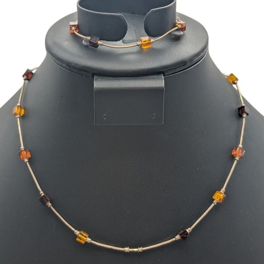 VTG 925 Sterling Silver Square Multi-Color Amber Bead 17" Necklace Bracelet Set