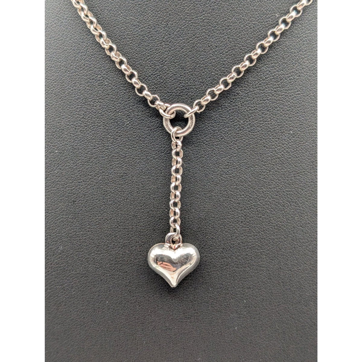 925 Sterling Silver Y Drop Heart Dangle Rolo Link 15.5" Chain Necklace