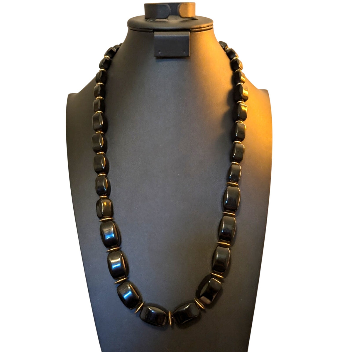 Vintage Signed Napier Long Black Bead W/ Gold Tone Disk Bead 31" Necklace