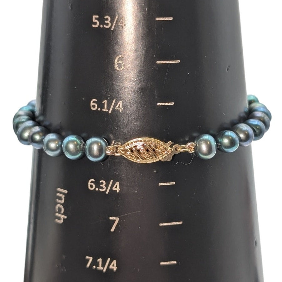 5mm Blue Green Hand Knotted Pearl Bracelet 14K Gold Filigree Slide In Hook Clasp