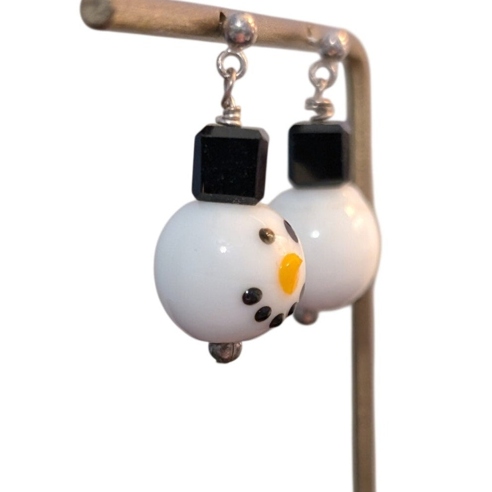 Vintage Glass Snowman Dangle Pierced Earrings