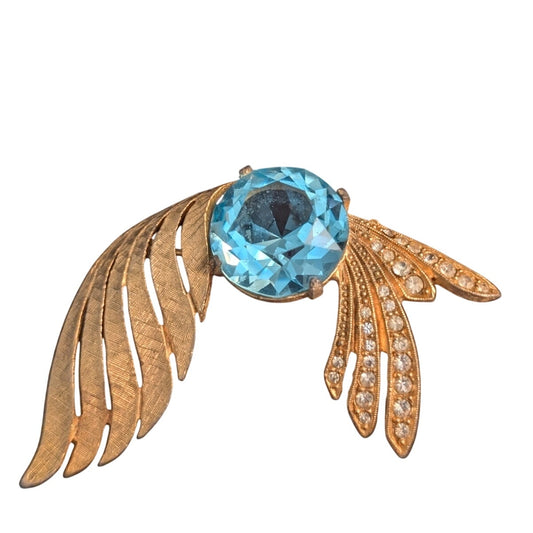 Rare Vintage Signed Charel Large Blue Stone & Rhinestone Gold Tone Brooch