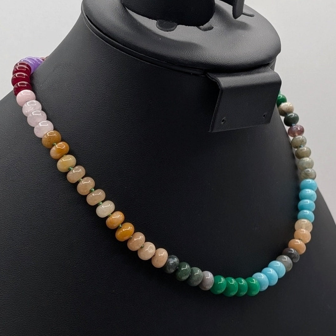 Colorful Natural Gemstone Hand-Knotted Bead 14K Gold Plated Clasp 18" Necklace