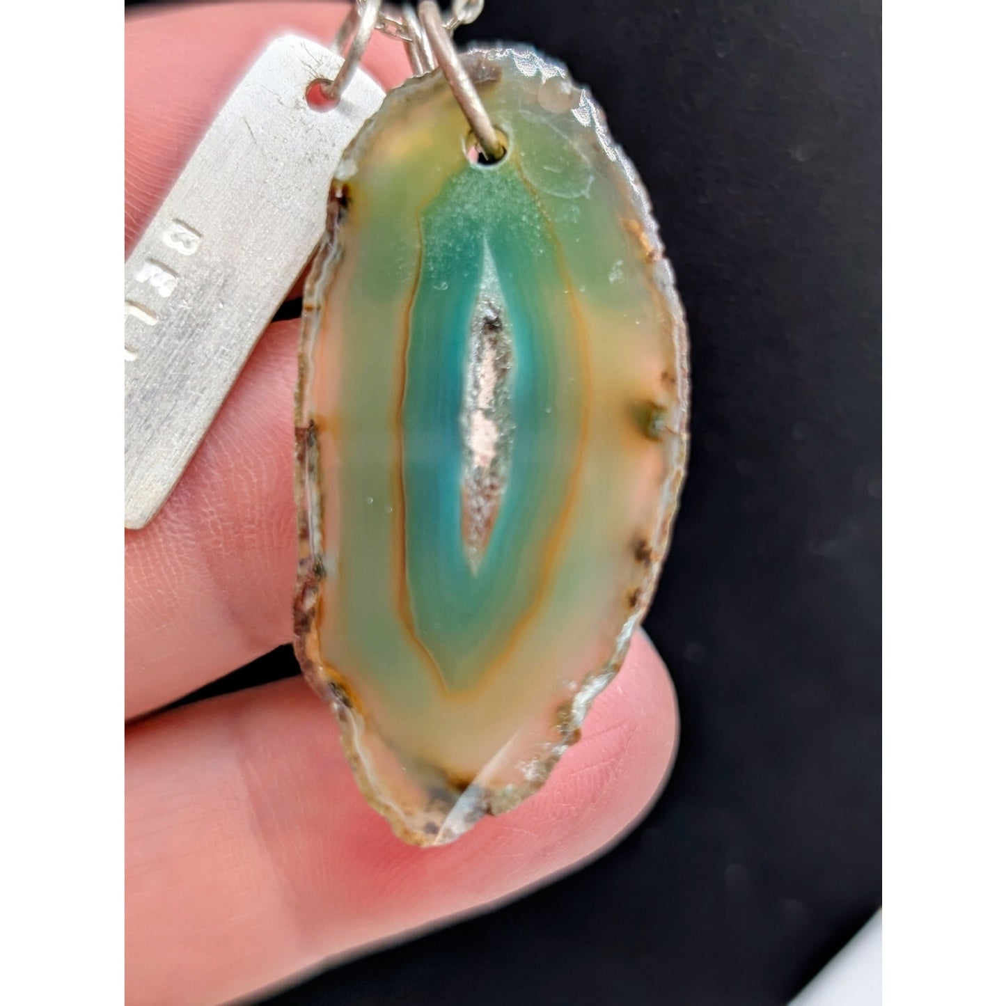 Vtg 925 Sterling Green Agate Slice 'Believe' Angel Wing Charm Pendant Necklace