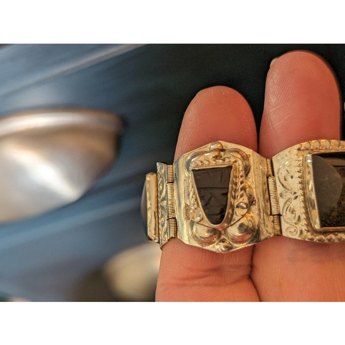 Vintage Taxco Mexico Black Onyx Alpaca Silver Carved Aztec Mask Bracelet