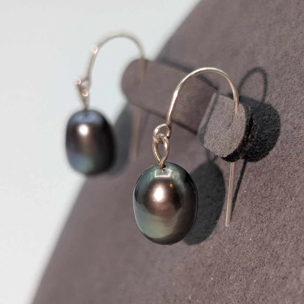 Sterling Wire Purple Peacock Pearl Dangle Earrings