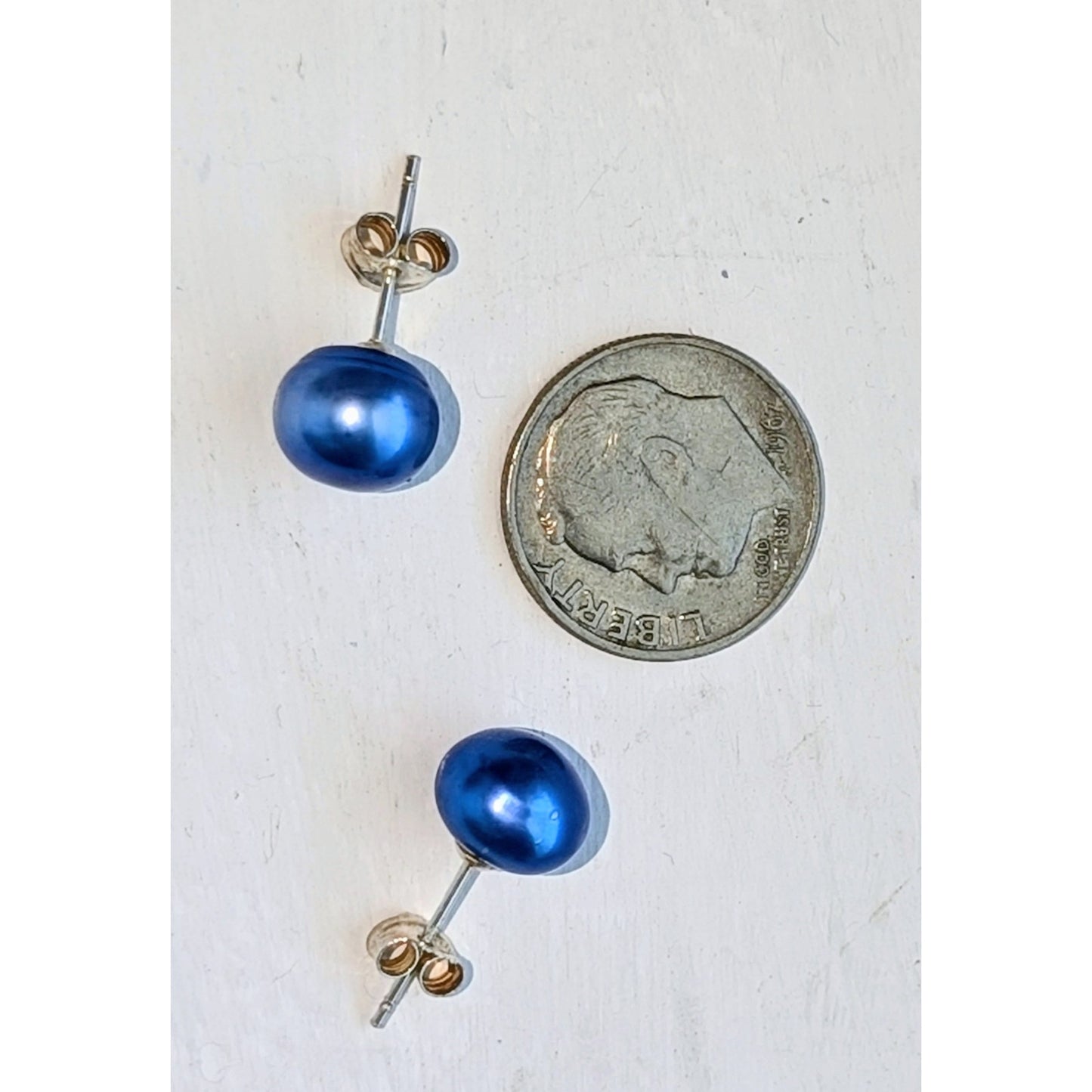 925 Sterling Silver Dyed Blue Genuine Pearl Stud Earrings