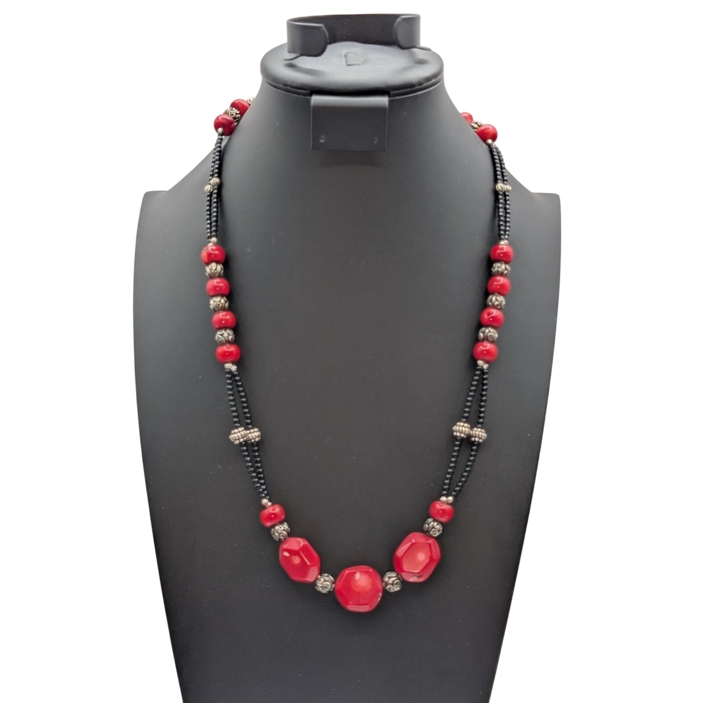 Heavy Coral Black Glass & Silver Beaded 925 Sterling Toggle Clasp 27.5" Necklace