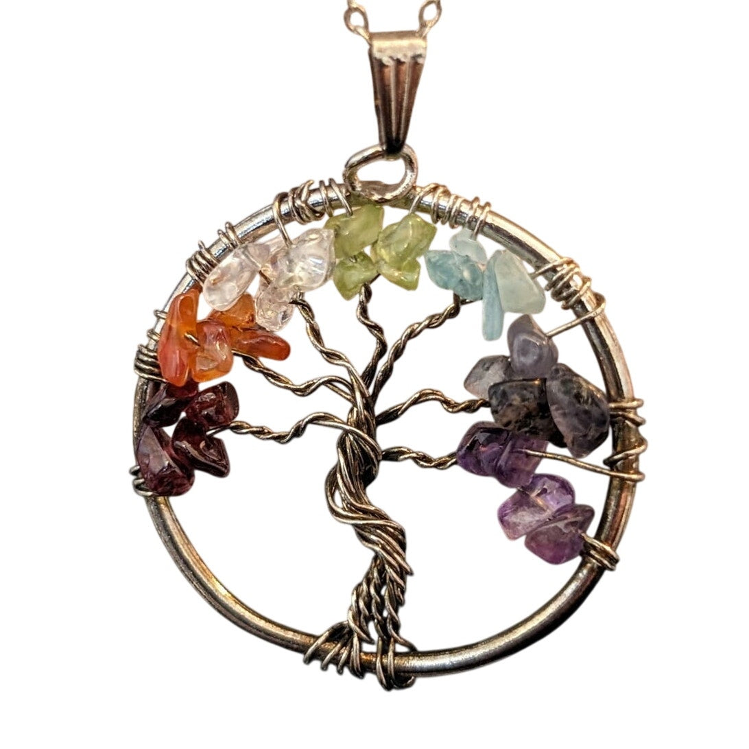 Gemstone Tree of Life Pendant Marked 8KGE on Silver Tone Chain Necklace