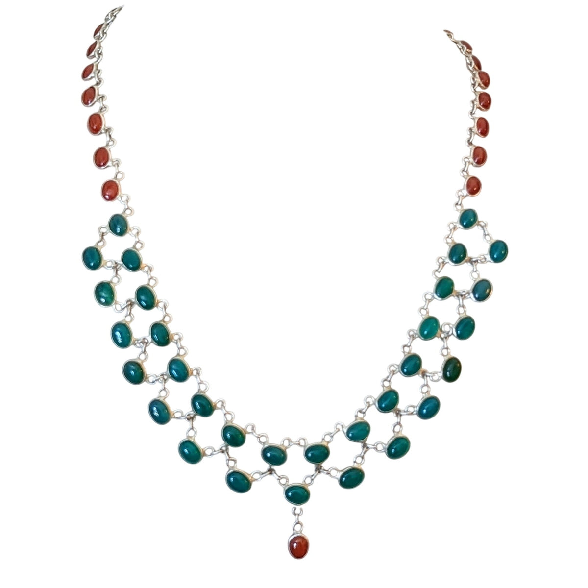 Vtg Green & Red Onyx Cabochons 925 Sterling Silver Collar Hook Clasp Necklace