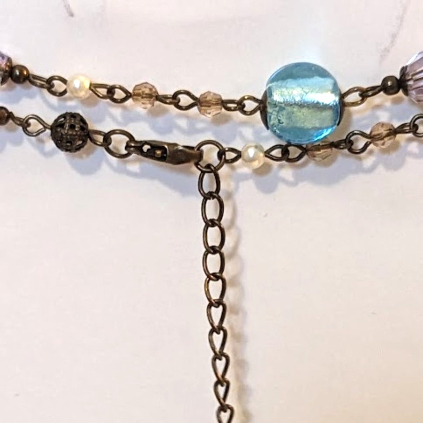Boho Antiqued Bronze Glass Filigree Metal & Faux Pearl Bead Chain 42" Necklace