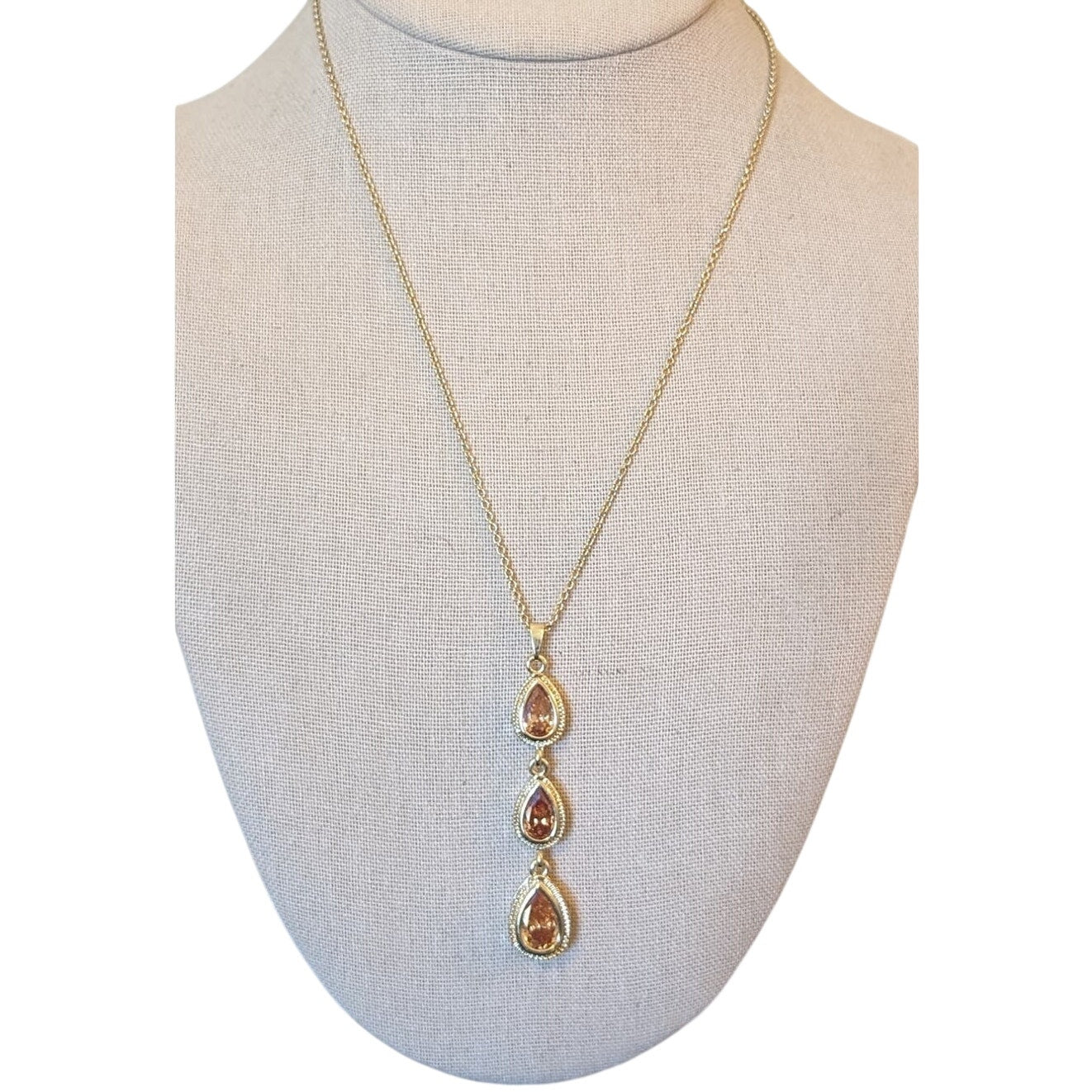 Three Teardrop Crystal Dangle Pendant Gold Tone Necklace