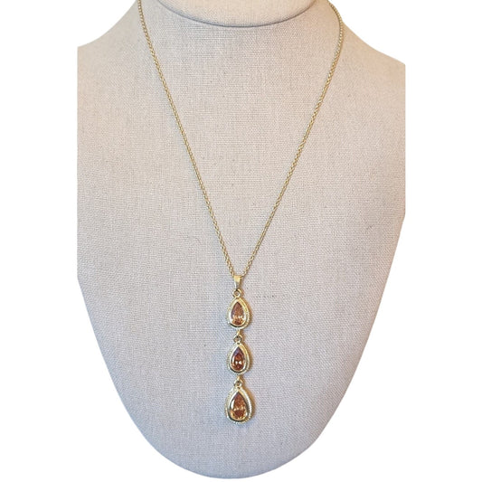 Three Teardrop Crystal Dangle Pendant Gold Tone Necklace