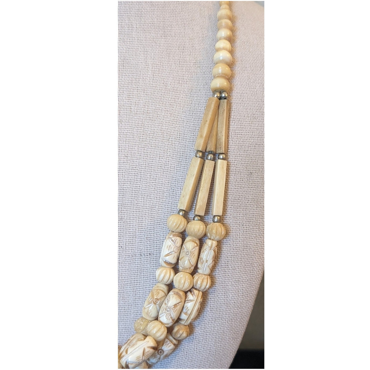Vintage Tribal Carved Single to Triple Strand Beaded Hook Clasp Necklace