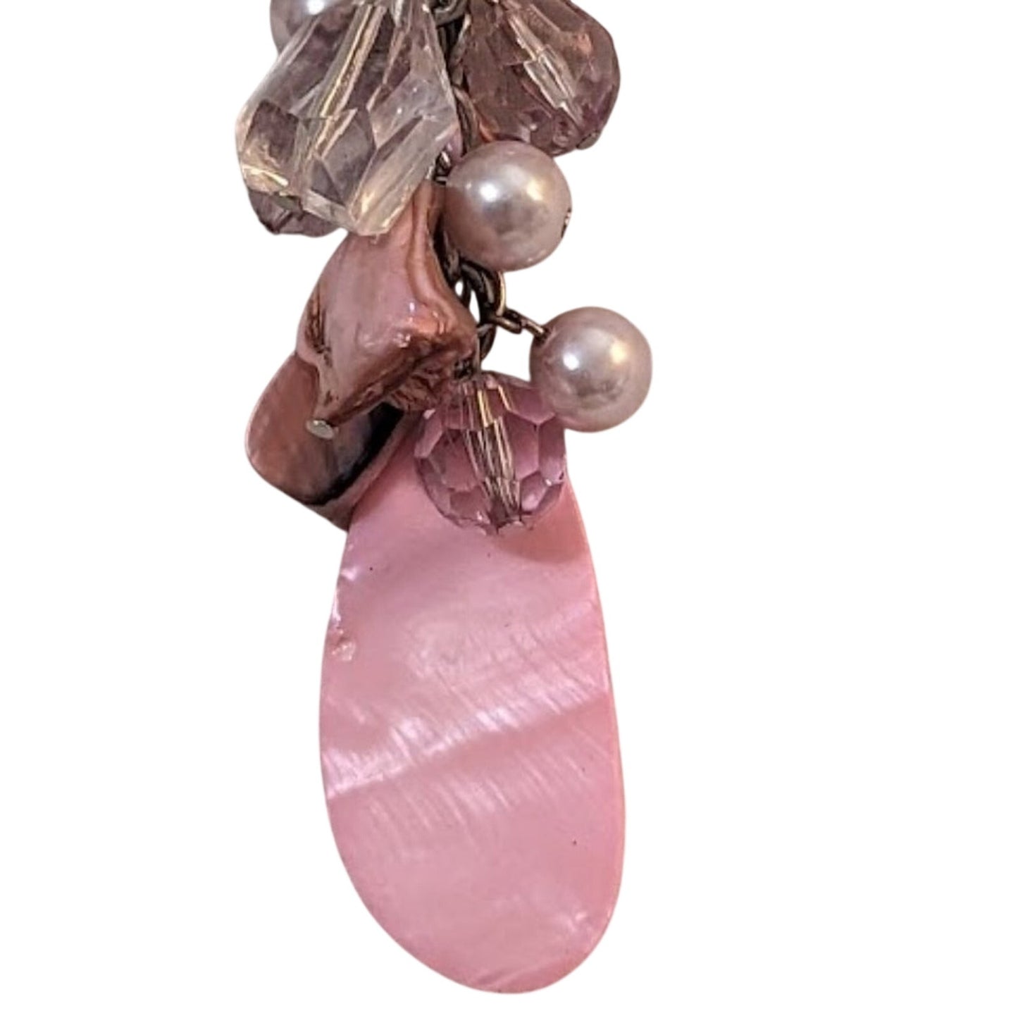Pink Shell Faux Pearl Pink & Clear Faceted Beaded Cluster Pendant Chain Necklace