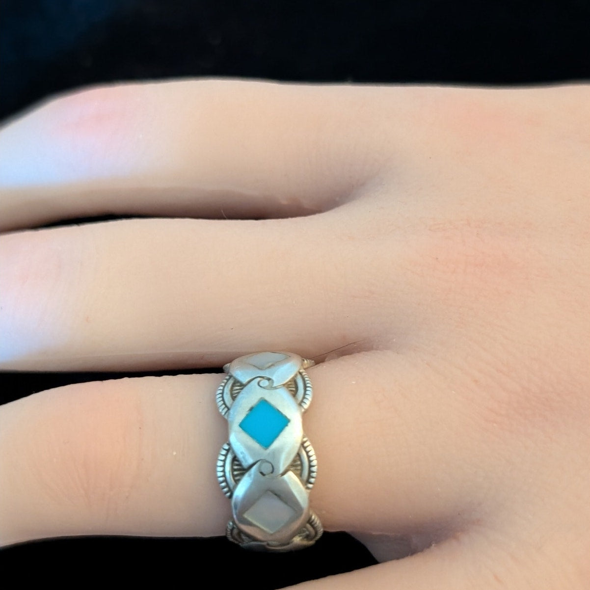 Vintage Signed 925 Sterling Turquoise & MOP Diamond Inlay Band Ring Size 6.75