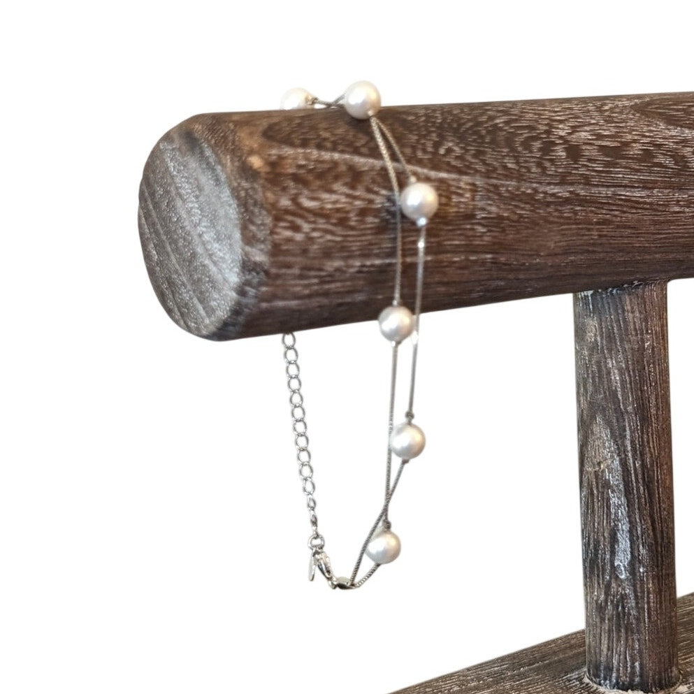 925 Sterling Silver Double Strand Floating Faux Pearl Bracelet