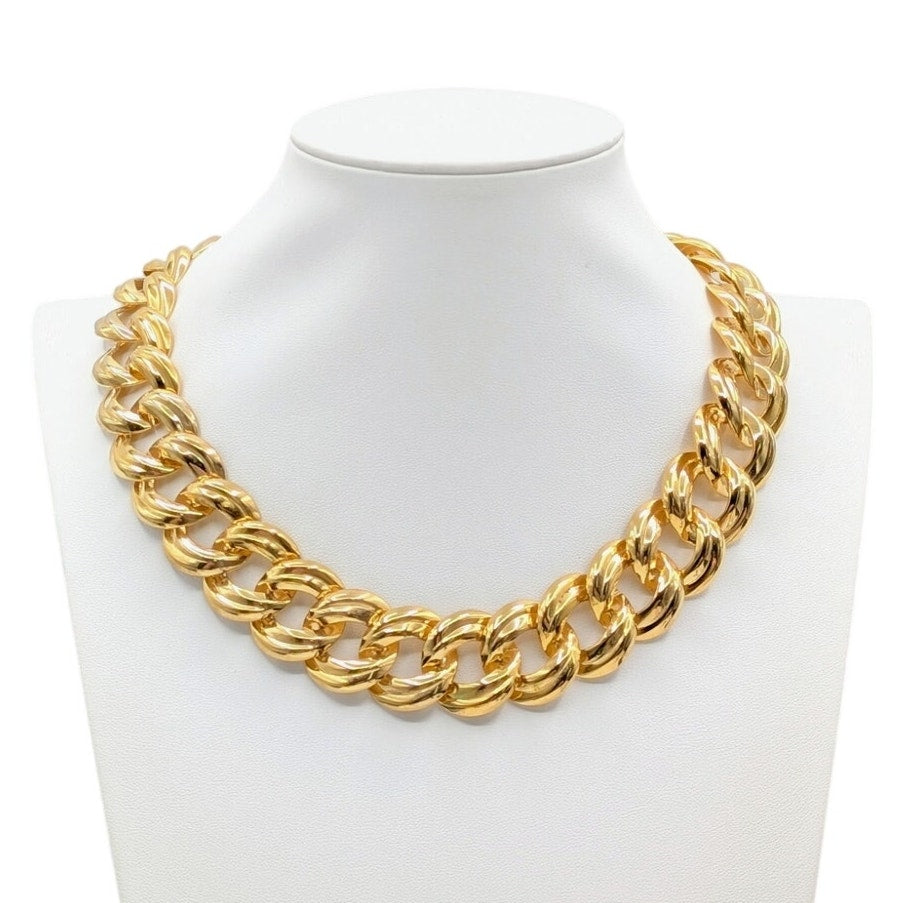 Vtg Gold Tone 7/8" Wide Curb Link Chain Collar 18" Necklace W/ Fold Over Clasp