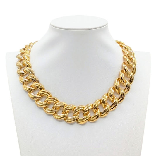 Vtg Gold Tone 7/8" Wide Curb Link Chain Collar 18" Necklace W/ Fold Over Clasp