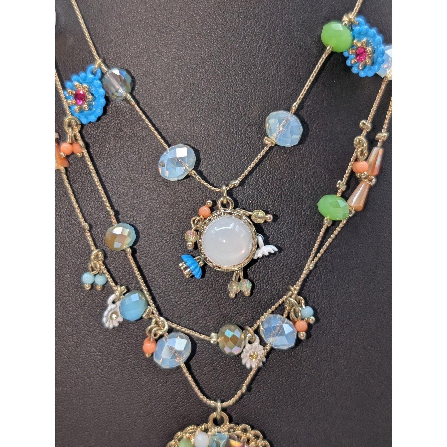 Betsey Johnson Three Strand Gold Tone Crystal Bead Studded Heart Necklace