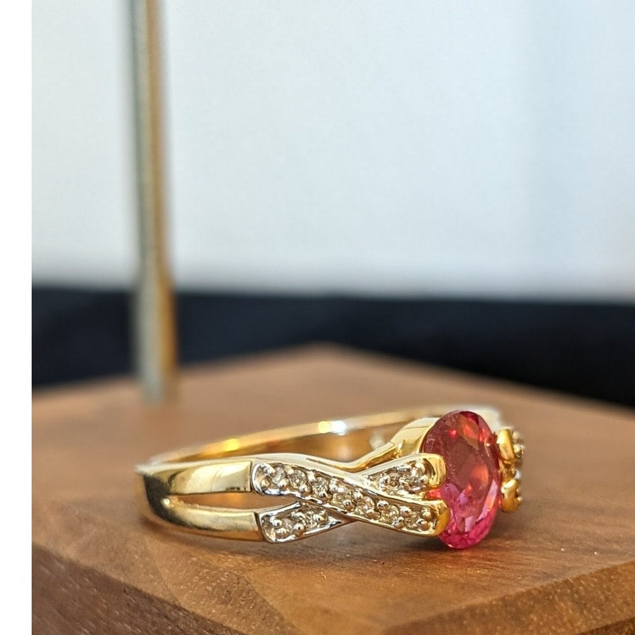 14K Gold Natural Pink Tourmaline & Diamond Criss Cross Band Ring Size 9.5