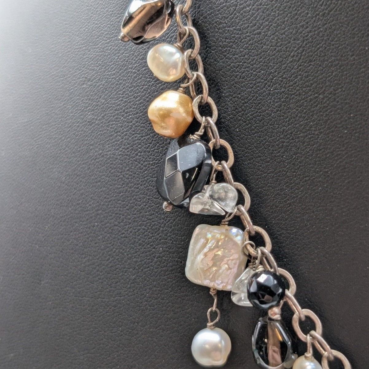 925 Sterling Silver Double Strand Cord Pearl Tourmaline Quartz Dangle Necklace
