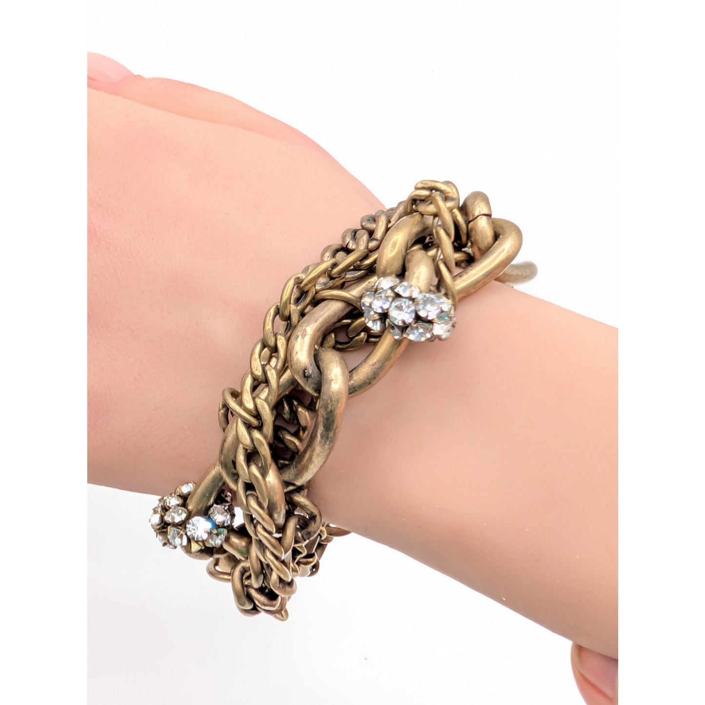 J.Crew Brass Plated Chunky Twisted Chain Link Clear Rhinestone Bracelet