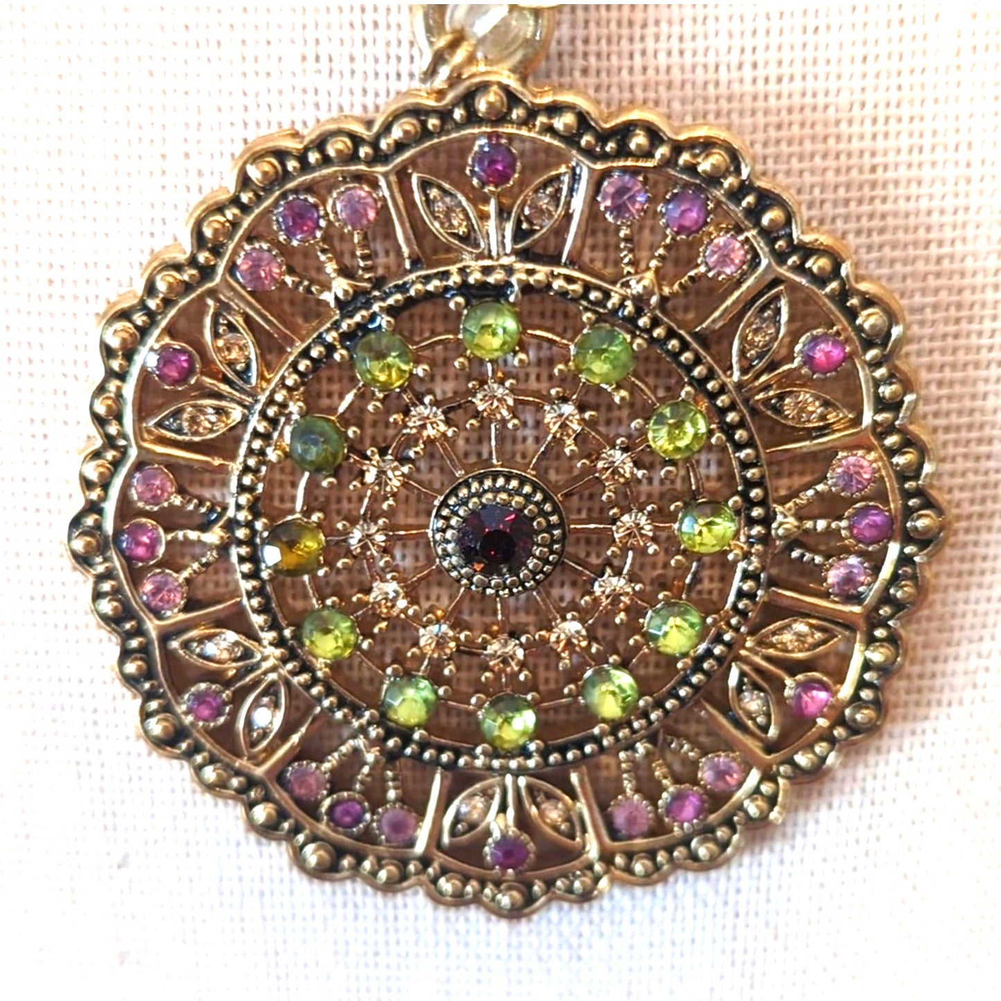 Gold Tone Double Strand Beaded Chain Pink Green Rhinestone Medallion Necklace