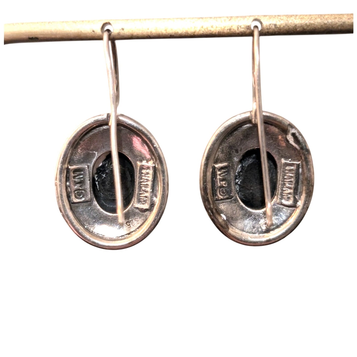 Vintage 925 Sterling Silver Thailand JM Black Onyx Stone French Wire Earrings