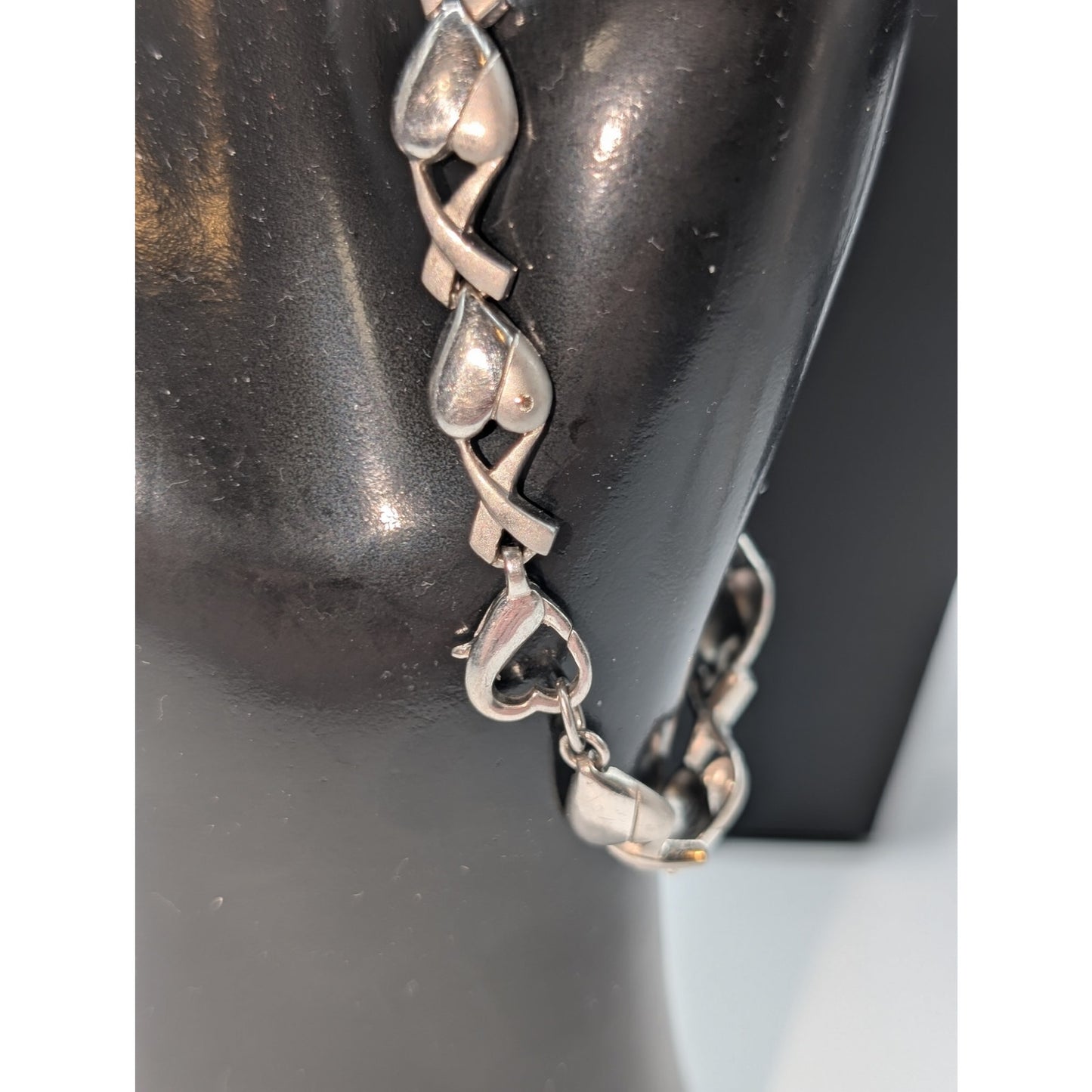 Vintage JC 925 Sterling Silver Diamond Accents Heart 'X' Link Bracelet 11.9g