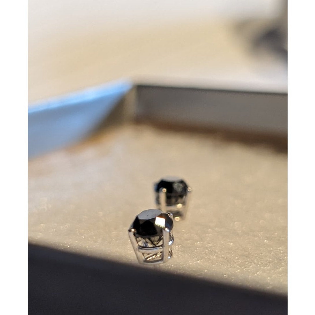 14k White Gold 4-Prong Basket Round Black Diamond Stud Earrings