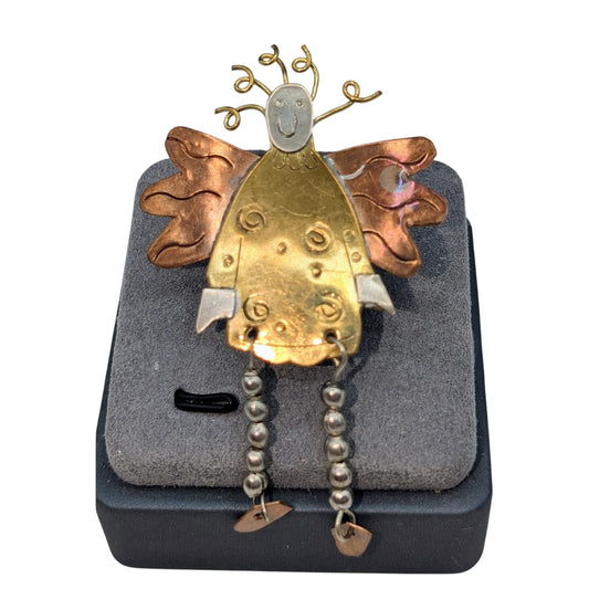 Tri-Color Metal Crazy Hair Folk Art Angel Pin W/ Dangling Legs
